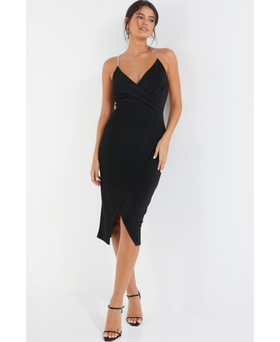 Quiz Wrap Midi Dress With Embellished Straps In Black