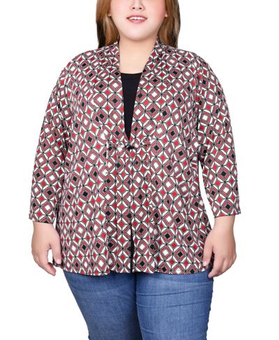 Ny Collection Plus Size Puff Print 3/4 Sleeve 2-fer Top In Jester Red Ivory Geo