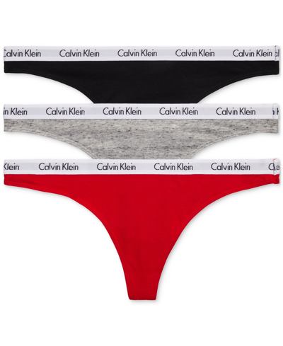 Calvin Klein Carousel Cotton 3-pack Thong Underwear Qd3587 In Black,speckle Heather,rouge