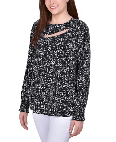 Ny Collection Petite Long Sleeve Dobby Blouse In Heart Dot