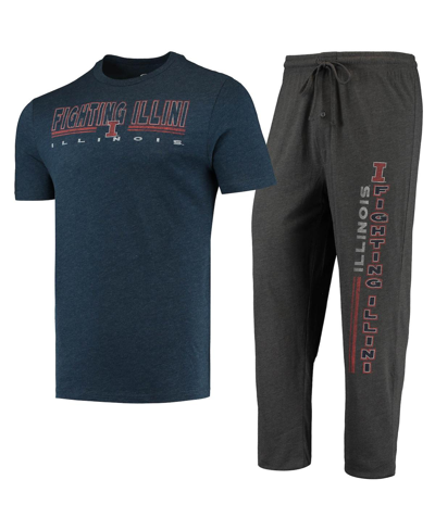 Concepts Sport Men's  Heathered Charcoal, Navy Illinois Fighting Illini Meter T-shirt And Pants Sleep In Heathered Charcoal,navy