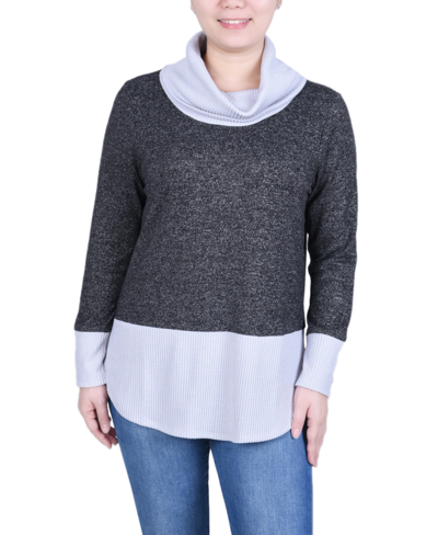 Ny Collection Petite Long Sleeve Cowl Neck Colorblocked Top In Black Charcoal