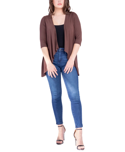 24seven Comfort Apparel Women's Open Front Elbow Length Sleeve Cardigan Sweater In Brown