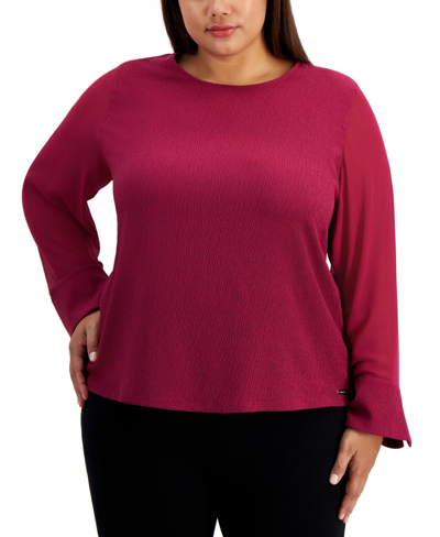 Calvin Klein Plus Size Scoop-neck Chiffon-sleeve Top In Mulberry