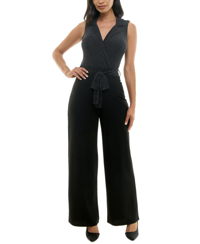 Almost Famous Juniors' Sleeveless Blazer Tie-waist Jumpsuit In Silver,bla