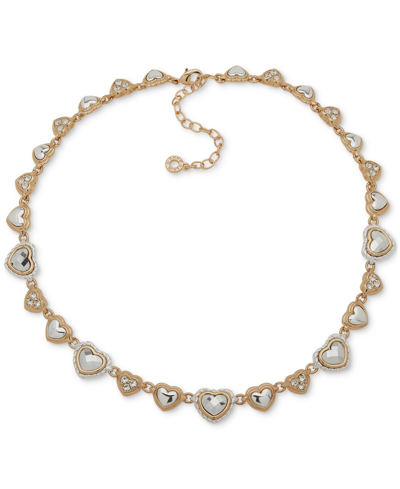 Anne Klein Two-tone Crystal Heart Motif Collar Necklace, 16" + 3" Extender In Gold,silver