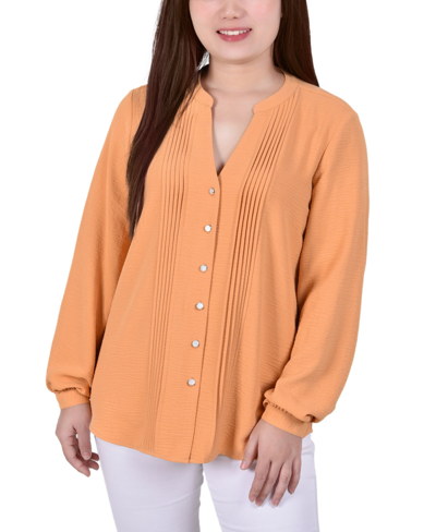 Ny Collection Petite Long Sleeve Pintuck Front Blouse In Oak Buff