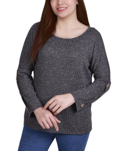 Ny Collection Petite Long Sleeve Knit Top In Charcoal