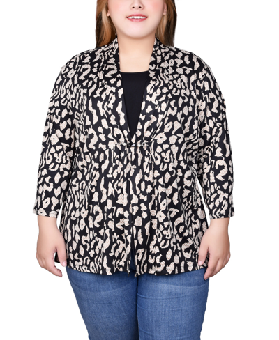 Ny Collection Plus Size Puff Print 3/4 Sleeve 2-fer Top In Nomad Black Animal