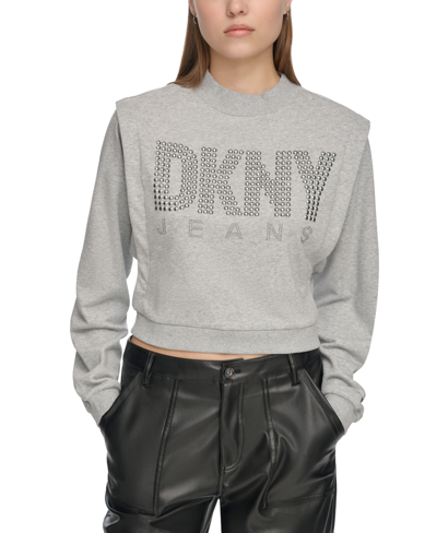 Dkny Jeans Women's Long-sleeve Studded-logo Sweatshirt In Steel Grey Heather