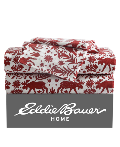Eddie Bauer Arcadia Cotton Flannel 3 Piece Sheet Set, Twin In Ivory Red