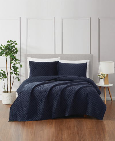 Royal Velvet Diamond Velvet 3 Piece Quilt Set, Full/queen In Navy