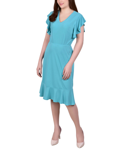 Ny Collection Petite Short Flutter Sleeve Flounced Dress In Jade