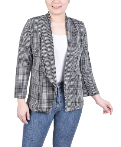 Ny Collection Petite Long Sleeve Ponte Jacket In Black Jack Plaid