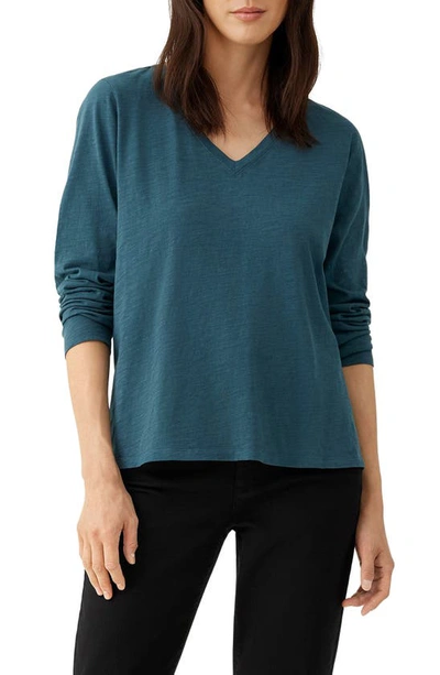 Eileen Fisher Easy V-neck Long Sleeve Organic Cotton Top In Alpine
