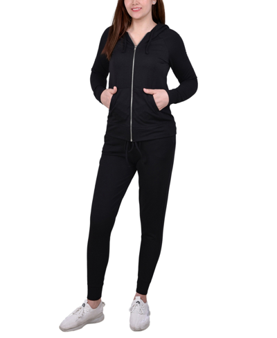 Ny Collection Petite Long Sleeve Hoodie And Jogger 2 Piece Set In Black
