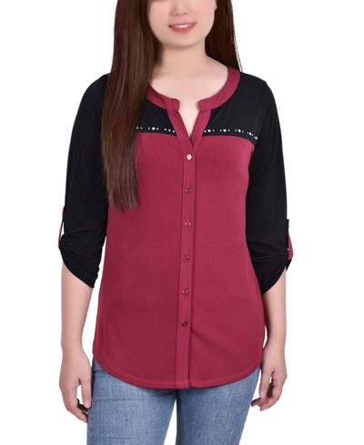 Ny Collection Petite 3/4 Sleeve Studded Colorblocked Split Neck Top In Rhododendron,black