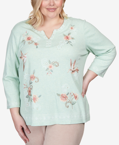 Alfred Dunner Plus Size St.moritz Floral Hummingbird Embroidery Split Neck Top In Sage