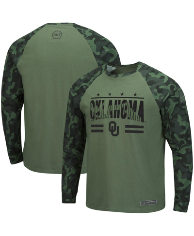 COLOSSEUM MEN'S COLOSSEUM OLIVE, CAMO OKLAHOMA SOONERS OHT MILITARY-INSPIRED APPRECIATION RAGLAN LONG SLEEVE T