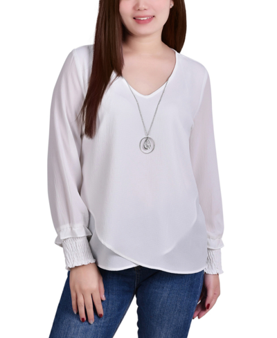 Ny Collection Petite Long Sleeve Crepe Blouse In White