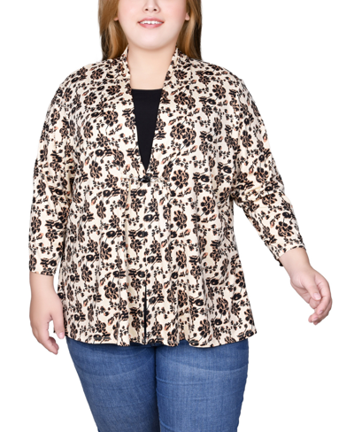 Ny Collection Plus Size Puff Print 3/4 Sleeve 2-fer Top In Nude Black Floral