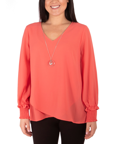 Ny Collection Petite Long Sleeve Crepe Blouse In Coral