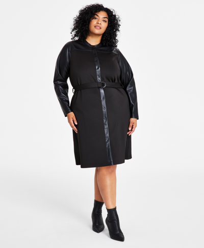 Calvin Klein Plus Size Mixed-media Button-front Dress In Black