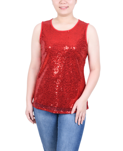 Ny Collection Petite Sleeveless Sequined Tank With Combo Banding Top In Red