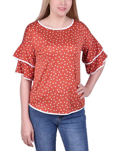 Ny Collection Petite Elbow Sleeve Double Sleeve Top In Rust,ivory