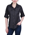 Ny Collection Petite Size 3/4 Roll Tab Chambray Blouse In Black Knitdenim