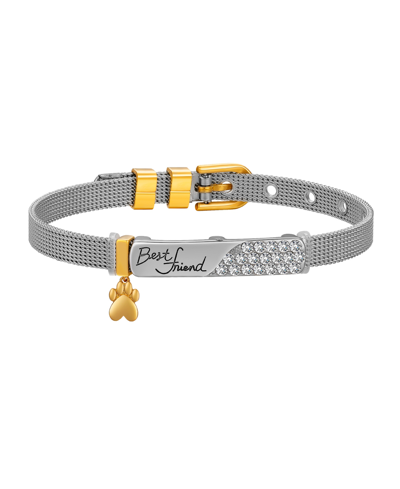 Unwritten 14k Gold Flash-plated Crystal "best Friend" Paw Charm, Stainless Steel Bracelet In Silver