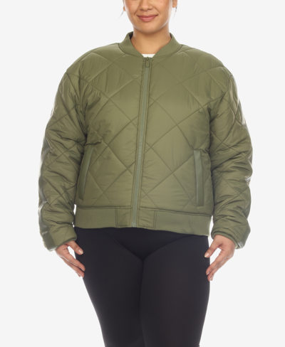 White Mark Plus Size Diamond Quilted Puffer Bomber Jacket In Olive
