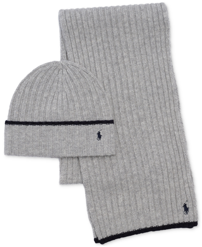 Polo Ralph Lauren Men's Classic Ribbed Hat And Scarf Set In Grey