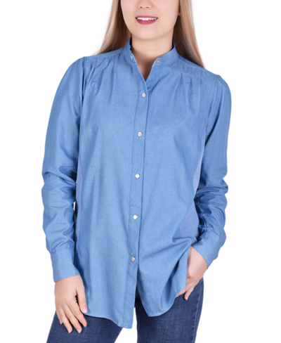 Ny Collection Petite Long Sleeve Chambray Blouse In Light Denim