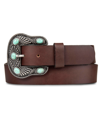 Lucky Brand Women's Turquoise Studded Western Buckle Belt In Brown