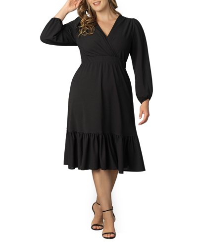 Kiyonna Pprtia Long Sleeve Midi Faux Wrap Cocktail Dress In Black Noir
