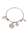 UNWRITTEN CUBIC ZIRCONIA HEART AND BEZEL, MOTHER OF PEARL INLAY FLOWER AND SILVER-PLATED GRANDMA BANGLE BRACEL