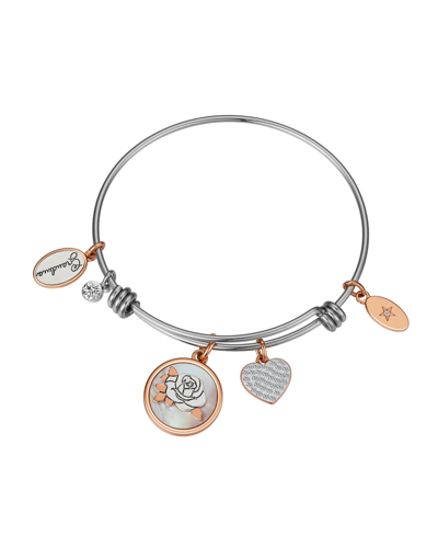 Unwritten Cubic Zirconia Heart And Bezel, Mother Of Pearl Inlay Flower And Silver-plated Grandma Bangle Bracel