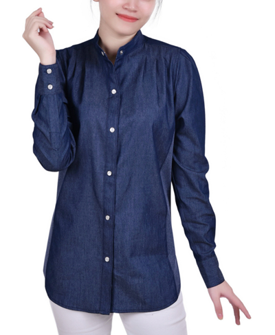 Ny Collection Petite Long Sleeve Chambray Blouse In Dark Denim