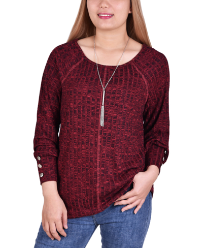 Ny Collection Petite Long Sleeve Knit Top In Burgundy
