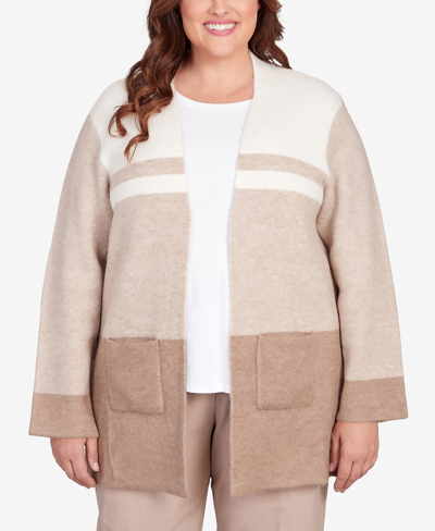 Alfred Dunner Women's St.moritz Colorblock Open Front Cardigan Sweater In Fawn