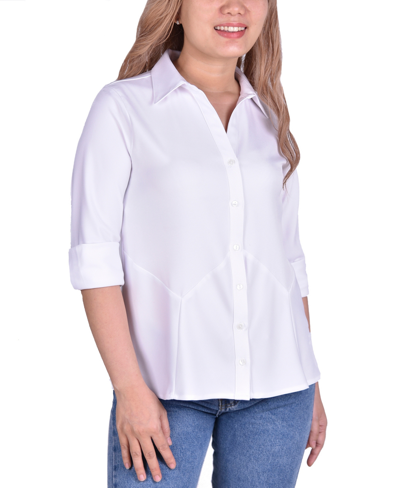 Ny Collection Petite Long Sleeve Button Front Blouse In White