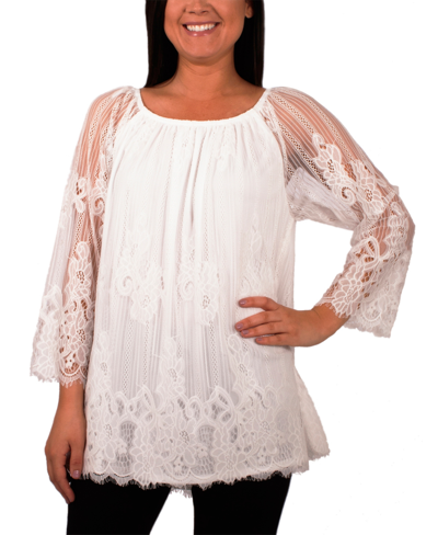 Ny Collection Petite Long Sleeve Lace Top In Atlas Ivory