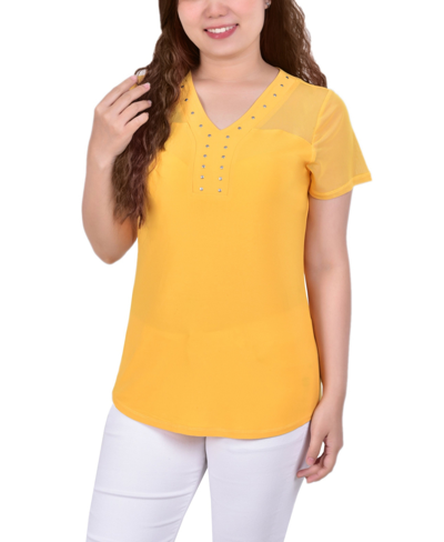 Ny Collection Petite Short Sleeve Studded Top In Kumquat