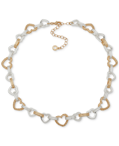 Anne Klein Two-tone Crystal Heart Link Collar Necklace, 16" + 3" Extender In Gold,silver