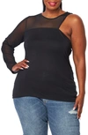 Bluegrey Mesh Notch One-shoulder Mixed Media Top In Black -