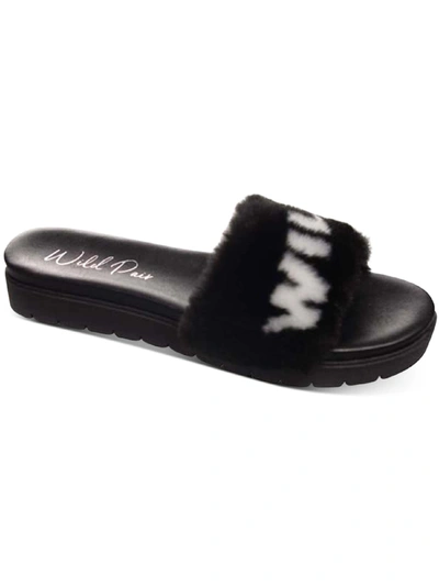 Wild Pair Jeleen Womens Faux Fur Logo Slide Sandals In Black