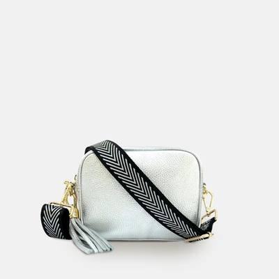 Apatchy London Silver Leather Crossbody Bag With Black & Silver Chevron Strap In White