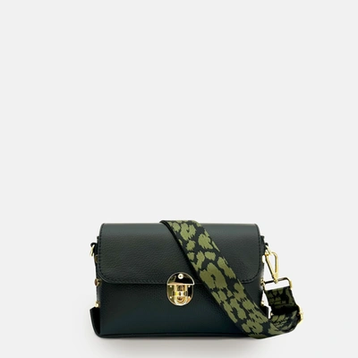 Apatchy London The Bloxsome Black Leather Crossbody Bag With Olive Green Cheetah Strap