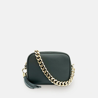 Apatchy London Dark Grey Leather Crossbody Bag With Gold Chain Strap In Green